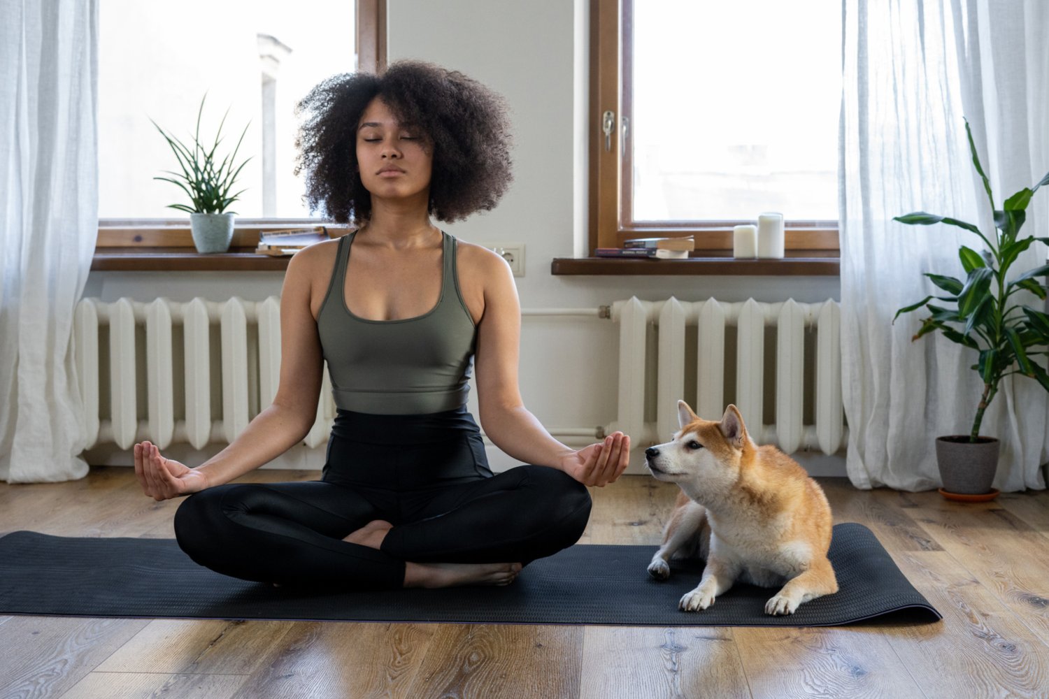 What are 3 types of meditation - Woman sitting cross-legged indoors - dog nearby