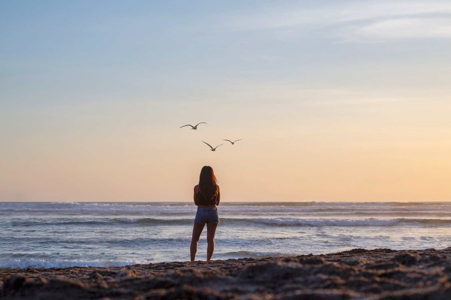 Positive effects of mindfulness - Woman standing on beach looking out over sea with seagulls above